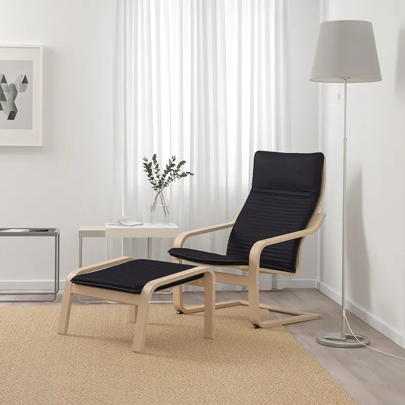 IKEA POÄNG ПОЭНГ, кресло с табуретом для ног, Шпон дуба, окрашенный в белый / черный цвет 794.842.07 фото №2