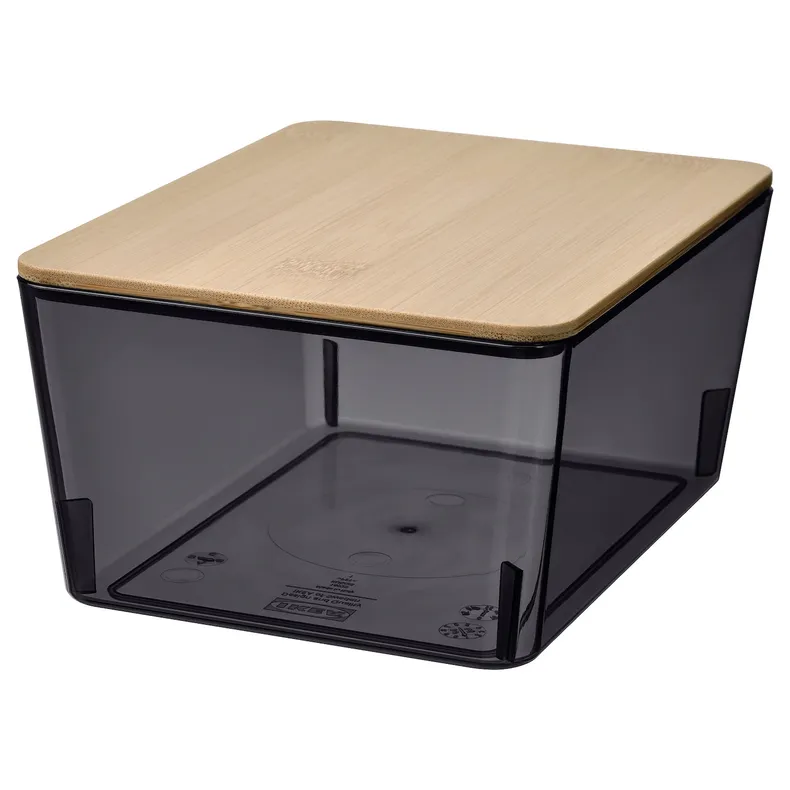 IKEA KUGGIS КУГГІС, коробка з кришкою, прозорий чорний/бамбук, 13x18x8 см 395.612.93 фото №1