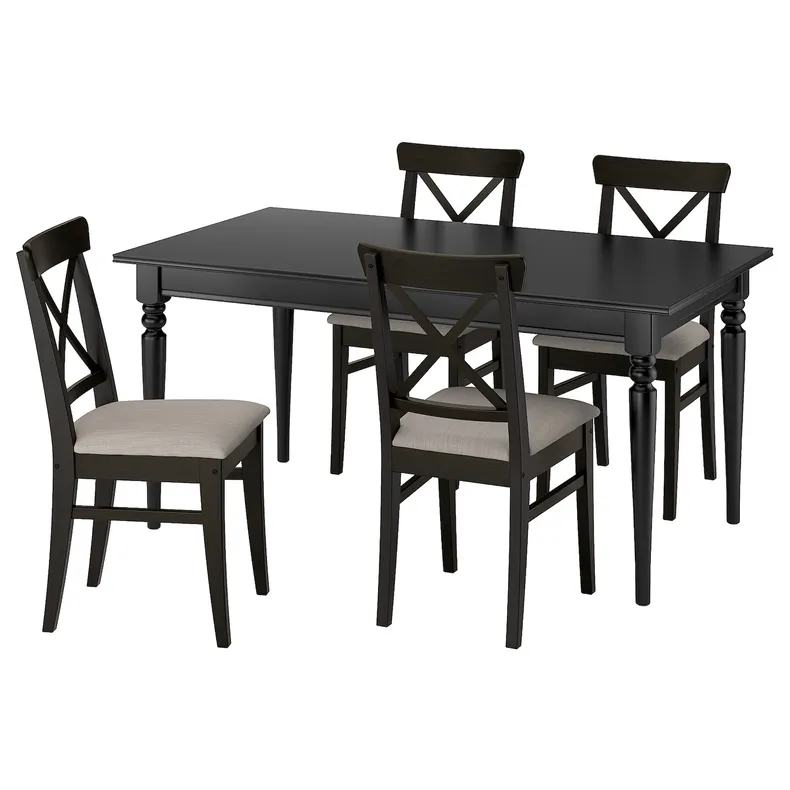 IKEA INGATORP ИНГАТОРП / INGOLF ИНГОЛЬФ, стол и 4 стула, черный/коричневый/черный Нолхага серый бежевый, 155/215 см 295.747.43 фото №1