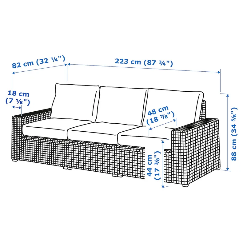 IKEA SOLLERÖN СОЛЛЕРОН, 3-местный модульный диван, садовый, Темно-серый / Фрёзён / Дувхольмен темно-серый, 223x82x88 см 992.877.72 фото №5