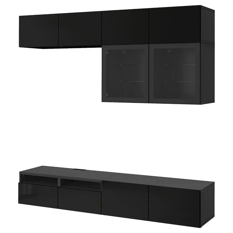 IKEA BESTÅ БЕСТО, комбінація шаф для тв / скляні дверц, чорно-коричневий / глянцевий сельвікен / чорне прозоре скло, 240x42x231 см 394.122.36 фото №1