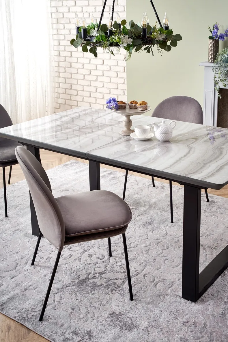 Обідній стіл розкладний HALMAR MARLEY 160-200x90 см, стільниця - білий мармур / попелясто-сірий, ніжки - чорні фото №5