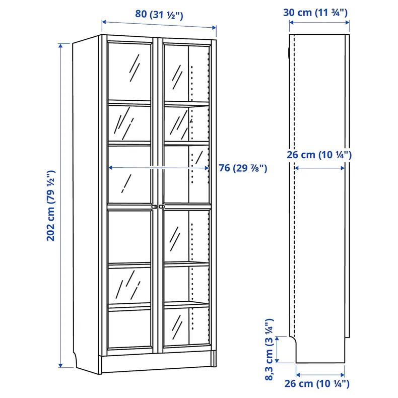IKEA BILLY БИЛЛИ / OXBERG ОКСБЕРГ, стеллаж со стеклянными дверцами, черная имитация дуб, 80x30x202 см 594.833.17 фото №6