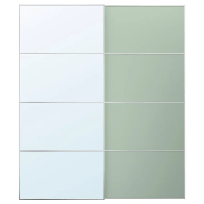 IKEA MEHAMN / AULI МЕХАМН / АУЛІ, розсувні дверцята, 2 шт., алюмінієве 2шт / салатово-зелене дзеркало, 200x236 см 395.521.99 фото №1