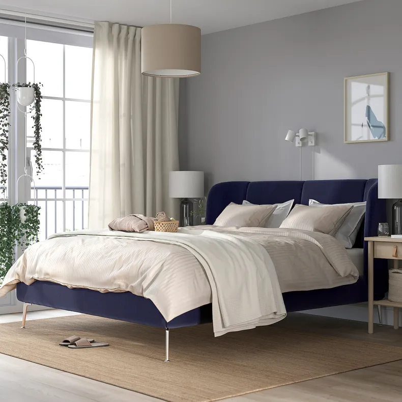 IKEA TUFJORD ТУФЙОРД, каркас ліжка з оббивкою, Талльміра чорно-синя / Лейрсунд, 140x200 см 695.553.61 фото №2