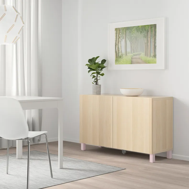 IKEA BESTÅ БЕСТО, комбінація д / зберіган з дверцятами, дуб білий морений / лапвікен / штуббарп рожевий, 120x40x74 см 394.244.04 фото №2