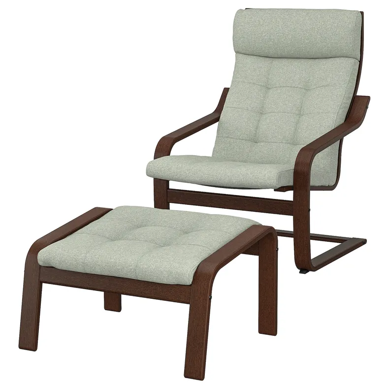 IKEA POÄNG ПОЕНГ, крісло та підставка для ніг, коричневий / ГУННАРЕД світло-зелений 995.019.32 фото №1