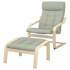 IKEA POÄNG ПОЭНГ, кресло с табуретом для ног, окл береза / светло-зеленый 195.019.26 фото