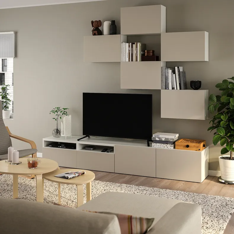 IKEA BESTÅ БЕСТО, комбінація шаф для телевізора, білий лаппвікен / світло-сірий бежевий, 240x42x230 см 594.768.21 фото №2