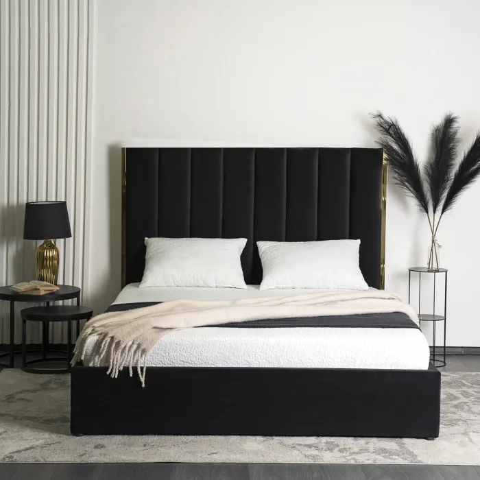 Кровать двуспальная бархатная MEBEL ELITE EMILIO Velvet, 160x200 см, Черный фото №6