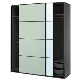 IKEA PAX ПАКС / MEHAMN / AULI МЕХАМН / АУЛИ, гардероб с раздвижными дверьми, темно-серый 2стр / светло-зеленое зеркало, 200x66x236 см 595.517.21 фото