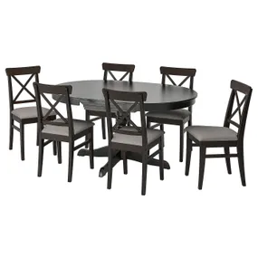 IKEA INGATORP ІНГАТОРП / INGOLF ІНГОЛЬФ, стіл+6 стільців, чорний / сірий / бежевий, 110/155 см 994.833.44 фото