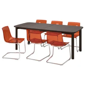 IKEA STRANDTORP СТРАНДТОРП / TOBIAS ТОБИАС, стол и 6 стульев, коричневый/коричневый/красный хром, 150/205/260 см 794.848.96 фото