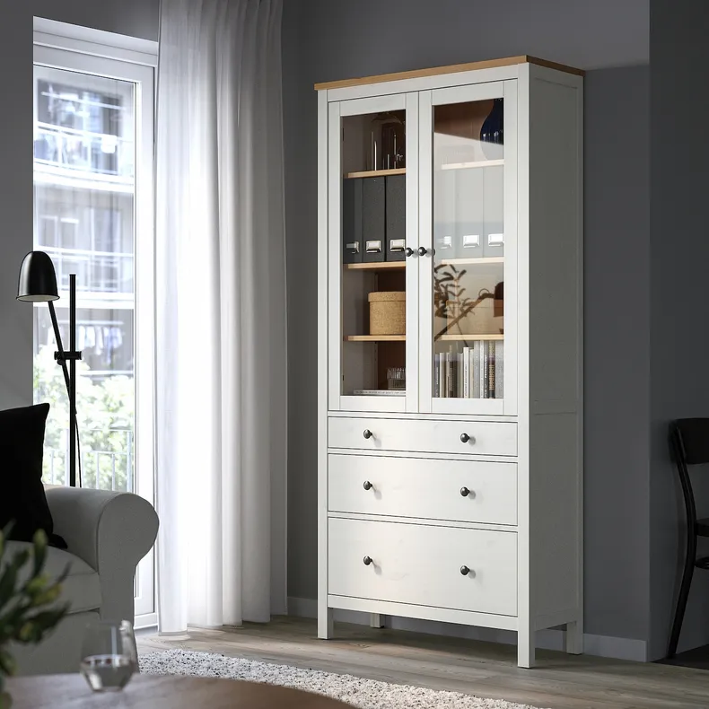 IKEA HEMNES ХЕМНЭС, шкаф-витрина с 3 ящиками, белое пятно / светло-коричневый, 90x197 см 504.135.07 фото №2