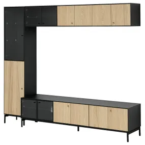 IKEA BOASTAD БУАСТАД, шкаф для ТВ, комбинация, чёрный / глазчатый дуб, 223x42x185 см 995.352.20 фото