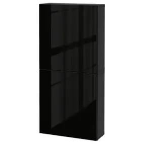 IKEA BESTÅ БЕСТО, шафа навісна із 2 дверцятами, чорний / коричневий / Selsviken глянцевий / чорний, 60x22x128 см 194.219.58 фото