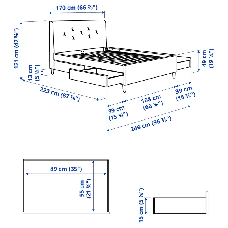 IKEA IDANÄS ІДАНЕС, ліжко м'яка оббивка+місце д / зберіг, ГУННАРЕД темно-сірий, 160x200 см 904.471.76 фото №10