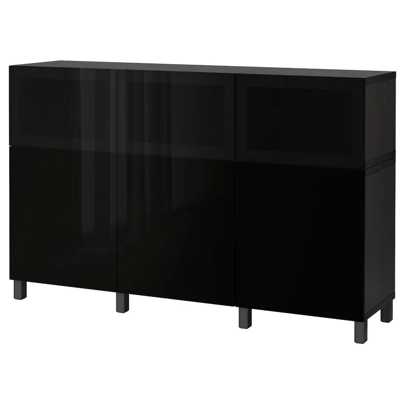 IKEA BESTÅ БЕСТО, комбінація д/зберіган з дверцятами, Selsviken black/Glassvik high gloss/ чорне димчасте скло, 180x42x112 см 092.081.85 фото №1