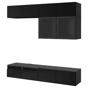 IKEA BESTÅ БЕСТО, комбінація шаф для тв/скляні дверц, чорно-коричневий / глянцевий сельвікен / чорне прозоре скло, 240x42x231 см 394.122.36 фото