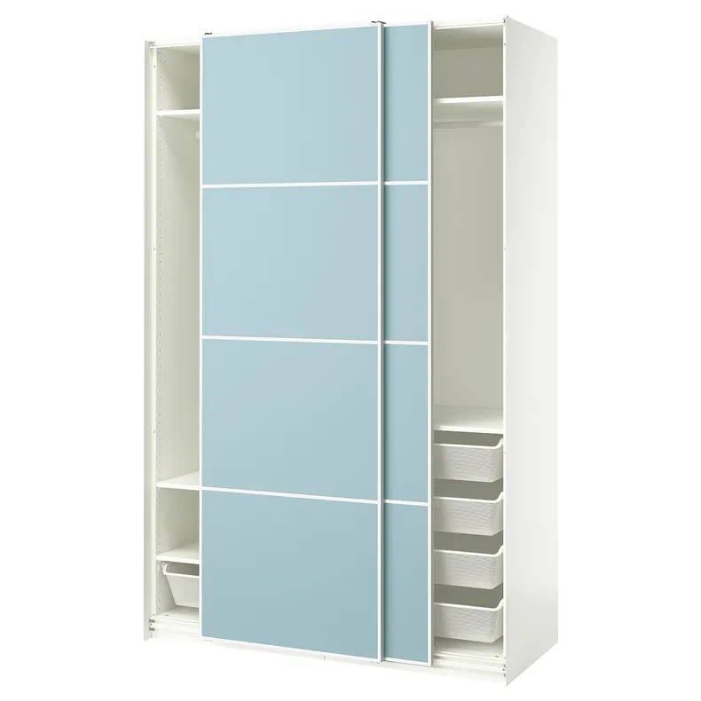 IKEA PAX ПАКС / MEHAMN МЕХАМН, гардероб із розсувними дверцятами, білий / 2стр світло-блакитний, 150x66x236 см 695.516.93 фото №1