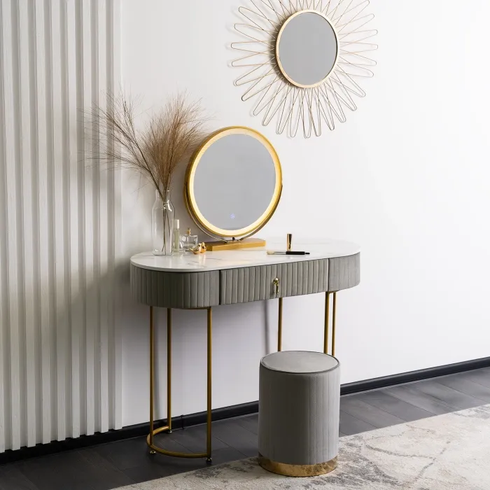 Туалетный столик с пуфом MEBEL ELITE SARAH, Серый / Золотой фото №2