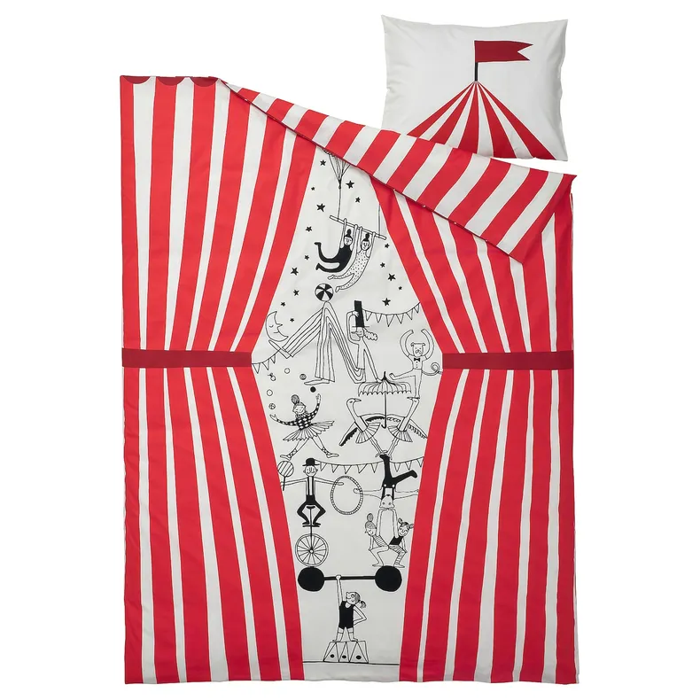IKEA BUSENKEL БУСЕНКЕЛЬ, підковдра та наволочка, орнамент цирк червоний / білий, 150x200 / 50x60 см 605.178.25 фото №2