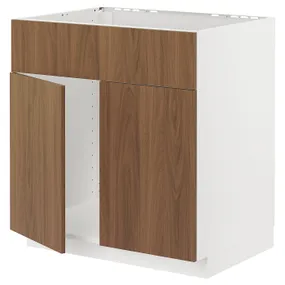 IKEA METOD МЕТОД, шкаф под мойку / 2 двери / фасад, белый / Имитация коричневого ореха, 80x60 см 595.191.56 фото