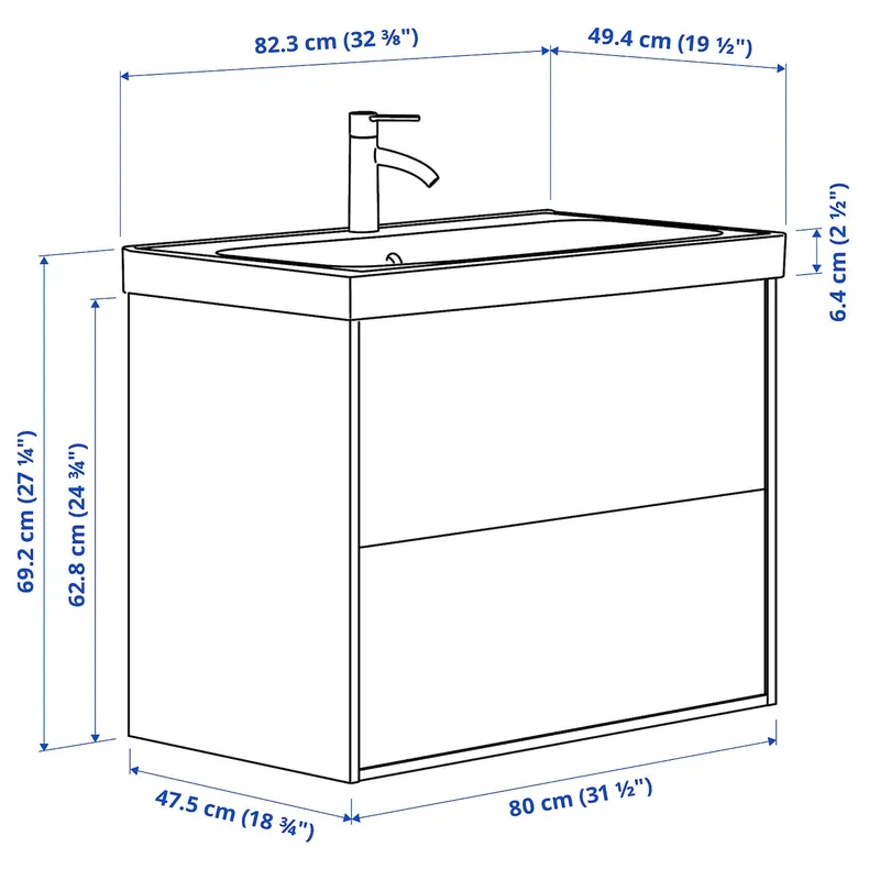 IKEA ÄNGSJÖN ЭНГШЁН / ORRSJÖN ОРРШЁН, шкаф с ящиками / раковина / смеситель, имит. дуб, 82x49x69 см 095.212.65 фото №6