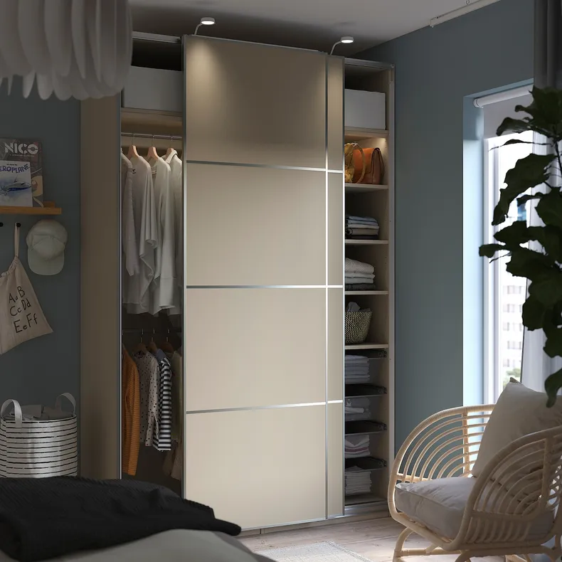 IKEA PAX ПАКС / MEHAMN МЕХАМН, гардероб с раздвижными дверьми, серый беж / 2стр серый беж, 150x66x236 см 895.622.47 фото №3