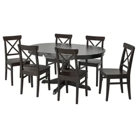 IKEA INGATORP ИНГАТОРП / INGOLF ИНГОЛЬФ, стол и 6 стульев, черный / коричнево-чёрный, 110 / 155 см 494.833.08 фото