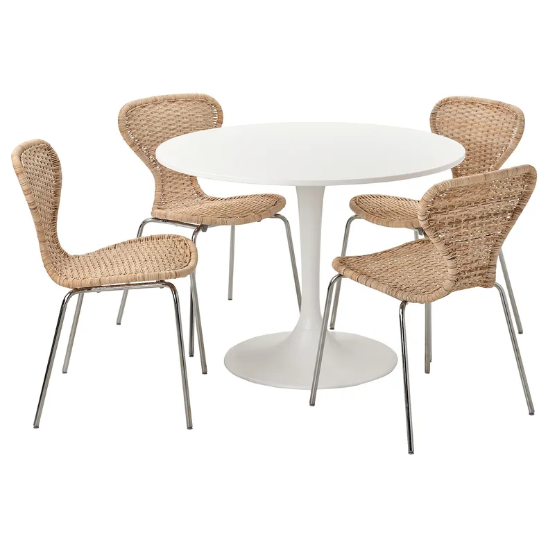 IKEA DOCKSTA ДОКСТА / ÄLVSTA ЕЛЬВСТА, стіл+4 стільці, білий білий / ротанг хромований, 103 см 394.815.74 фото №1