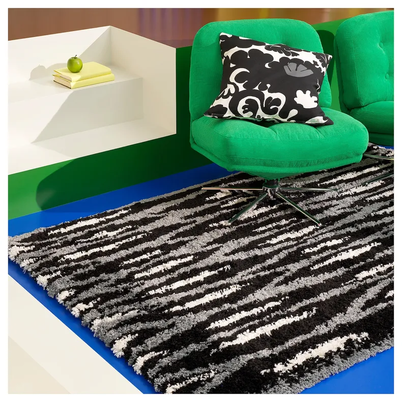 IKEA BULLERREMSA БУЛЛЕРРЕМСА, килим, довгий ворс, чорний сірий / білий, 133x195 см 705.543.89 фото №2