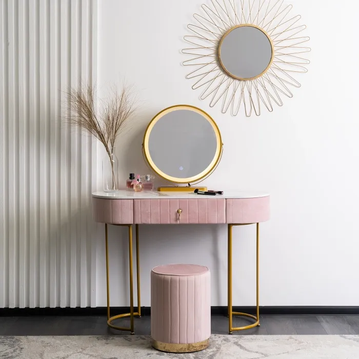 Туалетний столик з пуфом MEBEL ELITE ASHLEY, рожевий / золотий фото №3