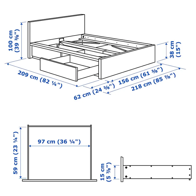 IKEA MALM МАЛЬМ, каркас кровати+2 кроватных ящика, белый / Лурой, 140x200 см 191.759.76 фото №10