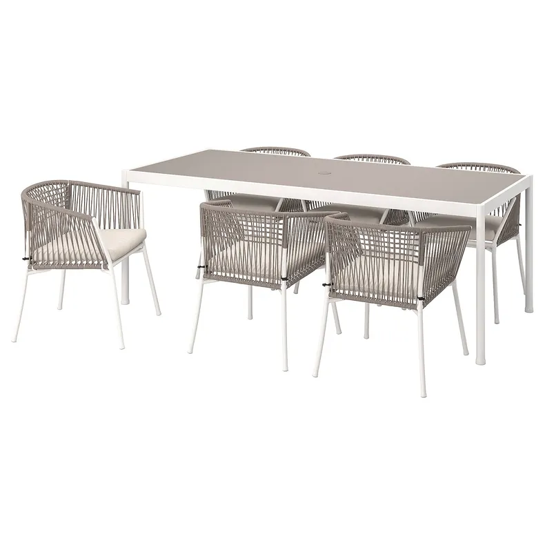 IKEA SEGERÖN СЕГЕРЕН, стіл+6 крісел із підлокіт/вуличний, білий/бежевий/бежевий Фрессон/Дувхольмен, 212 см 795.090.76 фото №1