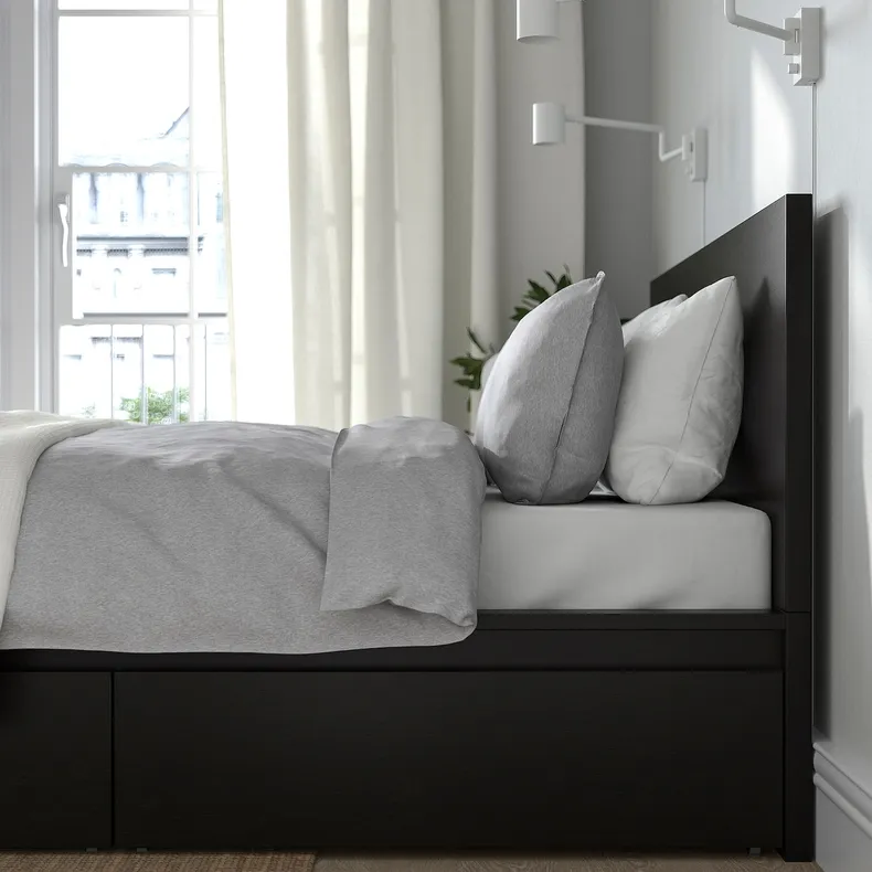 IKEA MALM МАЛЬМ, каркас кровати+2 кроватных ящика, черно-коричневый / Леирсунд, 140x200 см 991.763.21 фото №5