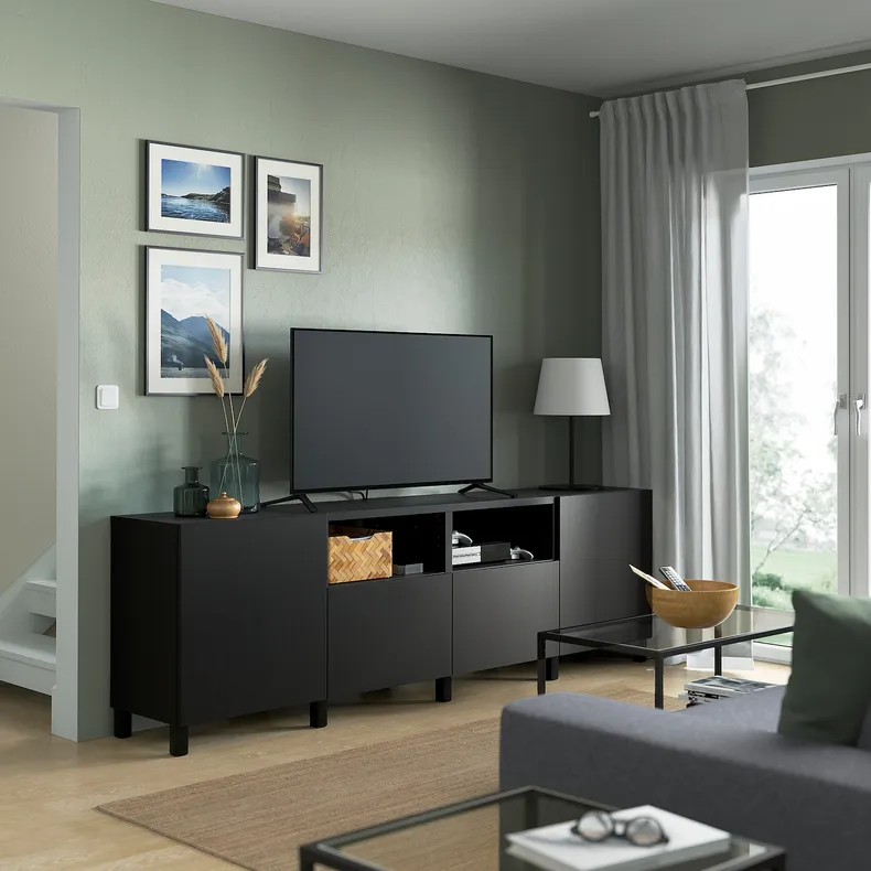 IKEA BESTÅ БЕСТО, тумба для телевізора з дверц й шухл, чорно-коричневий/ЛАППВІКЕН/СТУББ чорно-коричневий, 240x42x74 см 992.975.11 фото №3