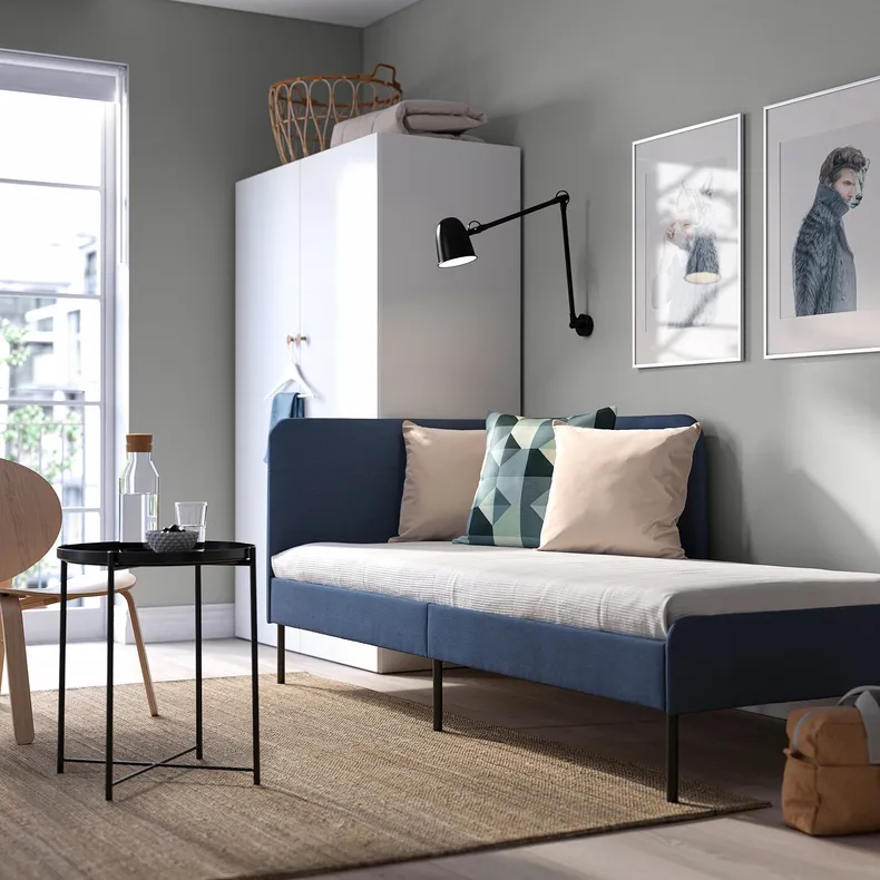 IKEA BLÅKULLEN БЛОКУЛЛЕН, карк ліжка з оббивкою+кут узголів'я, КНІСА класичний синій, 90x200 см 105.057.16 фото №2
