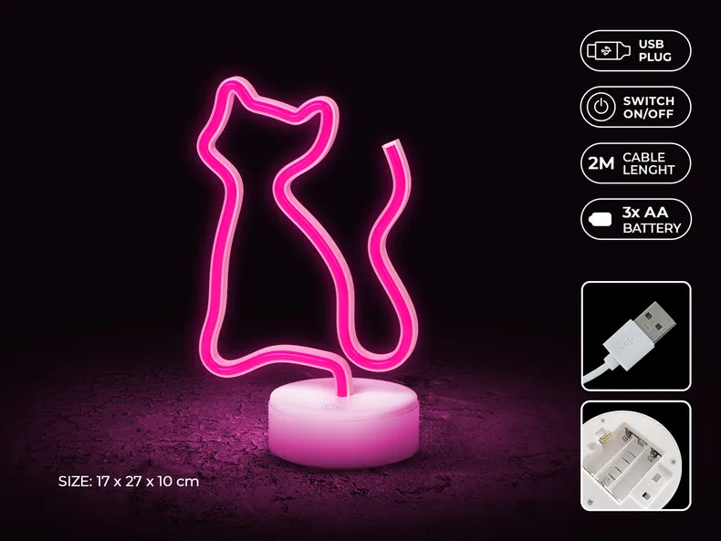 BRW Світлодіодна неонова настільна лампа для котів рожева 093826 фото №3