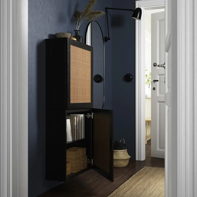 IKEA BESTÅ БЕСТО, навесной шкаф с 2 дверями, черный / коричневый Studsviken / темно-коричневый плетеный тополь, 60x22x128 см 794.219.79 фото №2