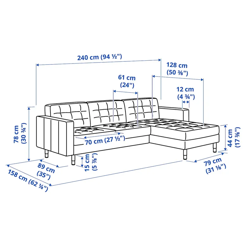 IKEA LANDSKRONA ЛАНДСКРУНА, 3-місний диван, з шезлонгом/Гранн/Бомстад чорний/металл 490.318.73 фото №9