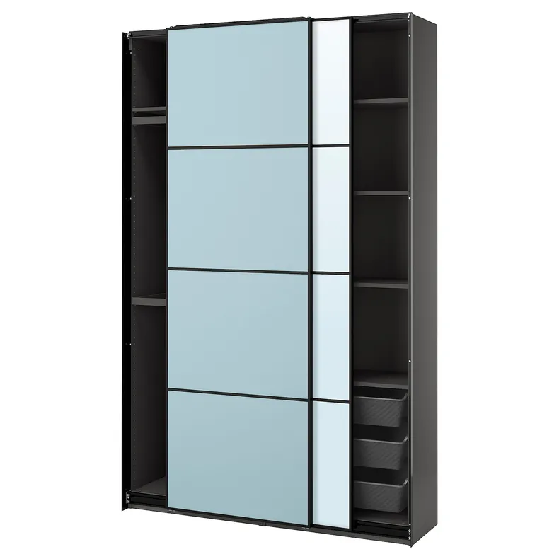 IKEA PAX ПАКС / MEHAMN / AULI МЕХАМН / АУЛИ, гардероб с раздвижными дверьми, темно-серый 2стр / светло-голубое зеркало, 150x44x236 см 595.517.16 фото №1