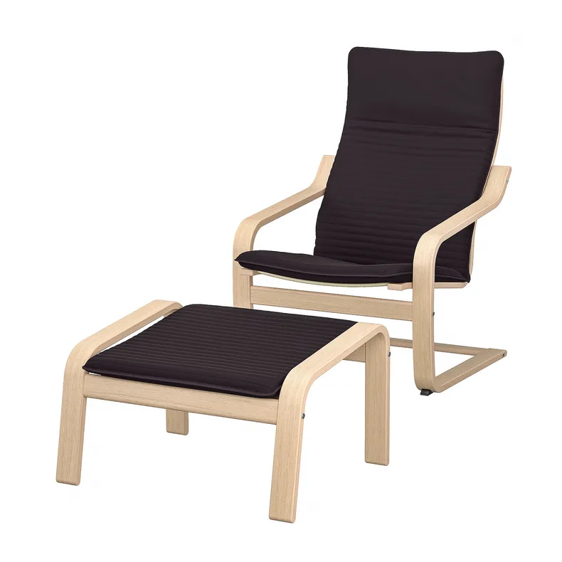 IKEA POÄNG ПОЭНГ, кресло с табуретом для ног, Шпон дуба, окрашенный в белый / черный цвет 794.842.07 фото №1