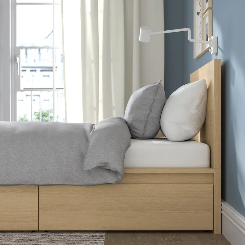 IKEA MALM МАЛЬМ, каркас кровати+2 кроватных ящика, дубовый шпон, беленый / Леирсунд, 90x200 см 891.573.18 фото №4