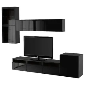 IKEA BESTÅ БЕСТО, шкаф для ТВ, комбин / стеклян дверцы, черно-коричневый / сельсвикенский глянец / черное прозрачное стекло, 300x42x211 см 894.067.18 фото