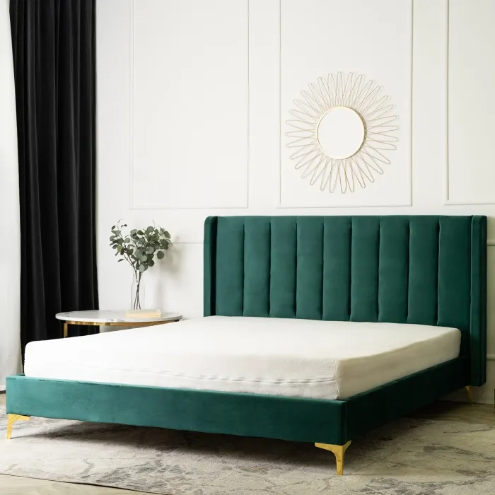 Кровать двуспальная бархатная MEBEL ELITE ARIA Velvet, 160x200 см, Зеленый фото №6