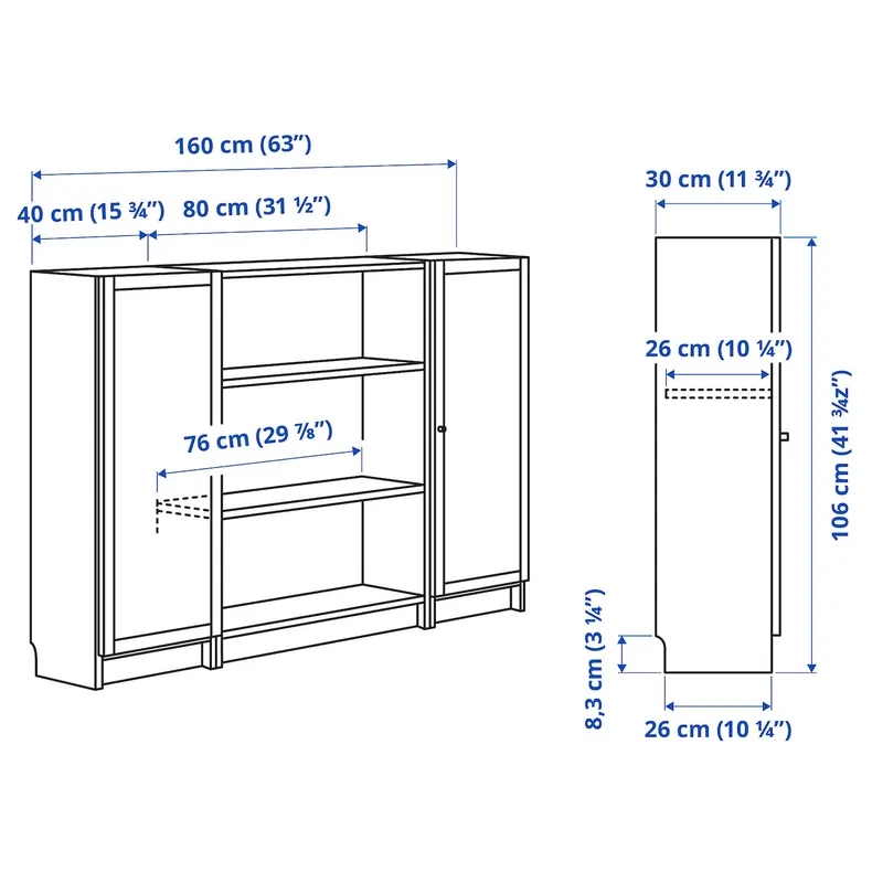 IKEA BILLY БИЛЛИ / OXBERG ОКСБЕРГ, стеллаж комбинация с дверцами, белый, 160x106 см 994.835.94 фото №4