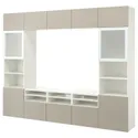 IKEA BESTÅ БЕСТО, комбінація шаф для тв / скляні дверц, біле скло / Selsviken high gloss / бежеве матове скло, 300x42x231 см 794.888.04 фото thumb №1