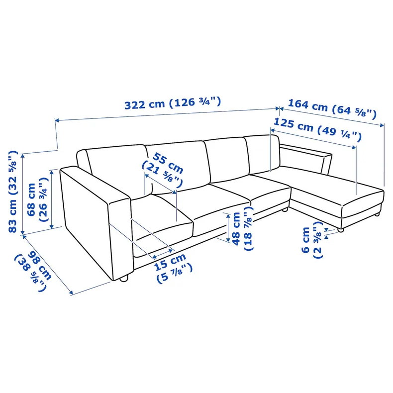 IKEA VIMLE ВІМЛЕ, 4-місний диван, з шезлонгом / темно-синій Hillared 894.411.61 фото №4