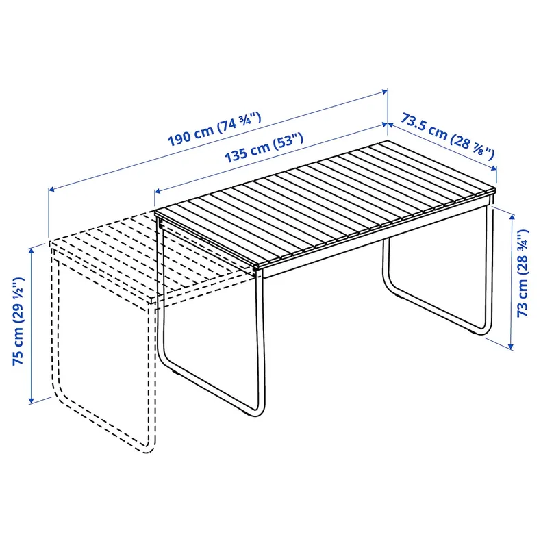 IKEA VÄSMAN / VÄSMAN, стіл + 6 стільців з підлогою, на відкритому повітрі., розширена пляма світло-коричнева/чорна, 135x190/74 см 895.826.79 фото №2